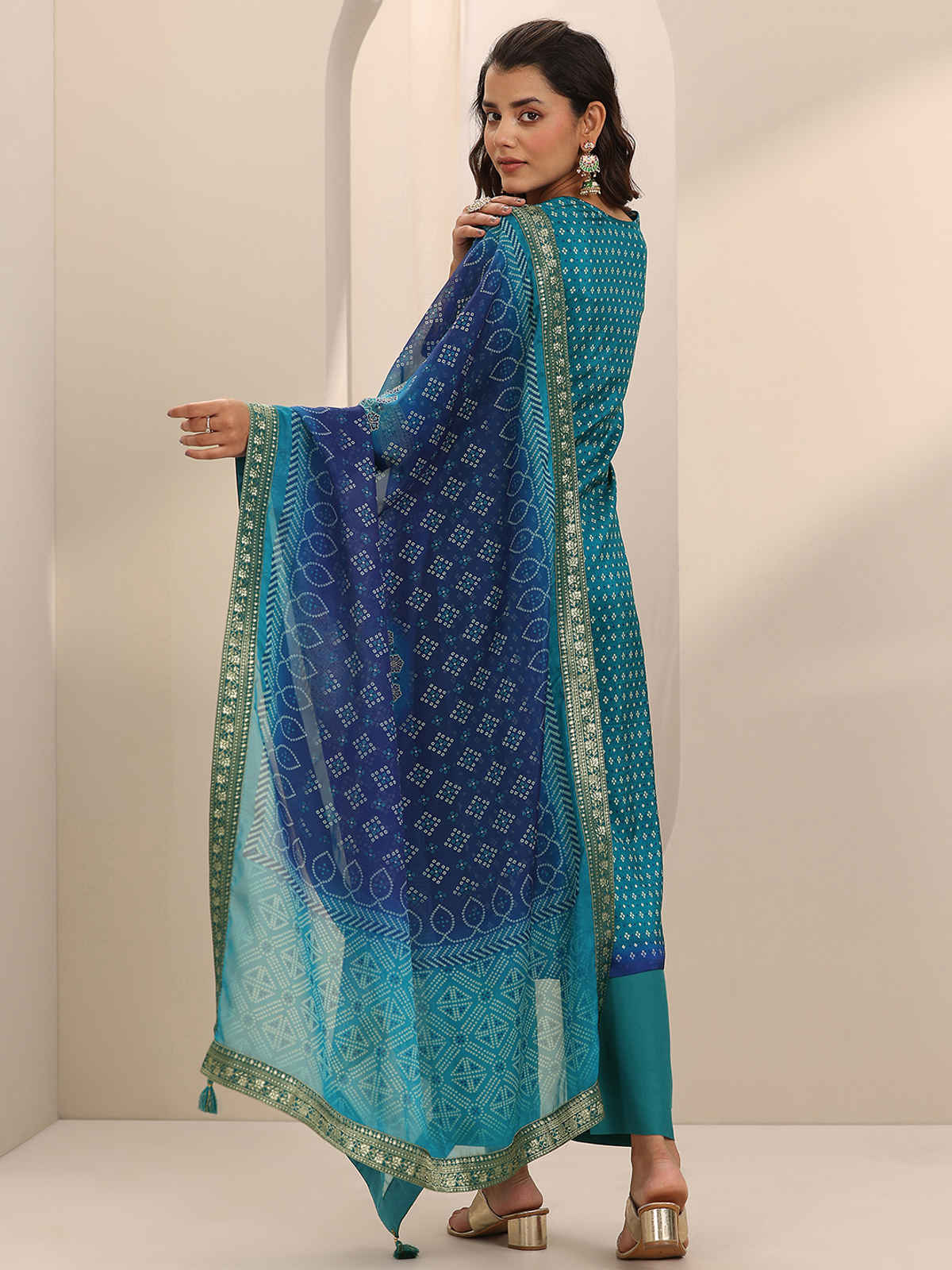 Libas Printed Silk Blend Straight Suit Set With Dupatta | 99269H | Blue - L