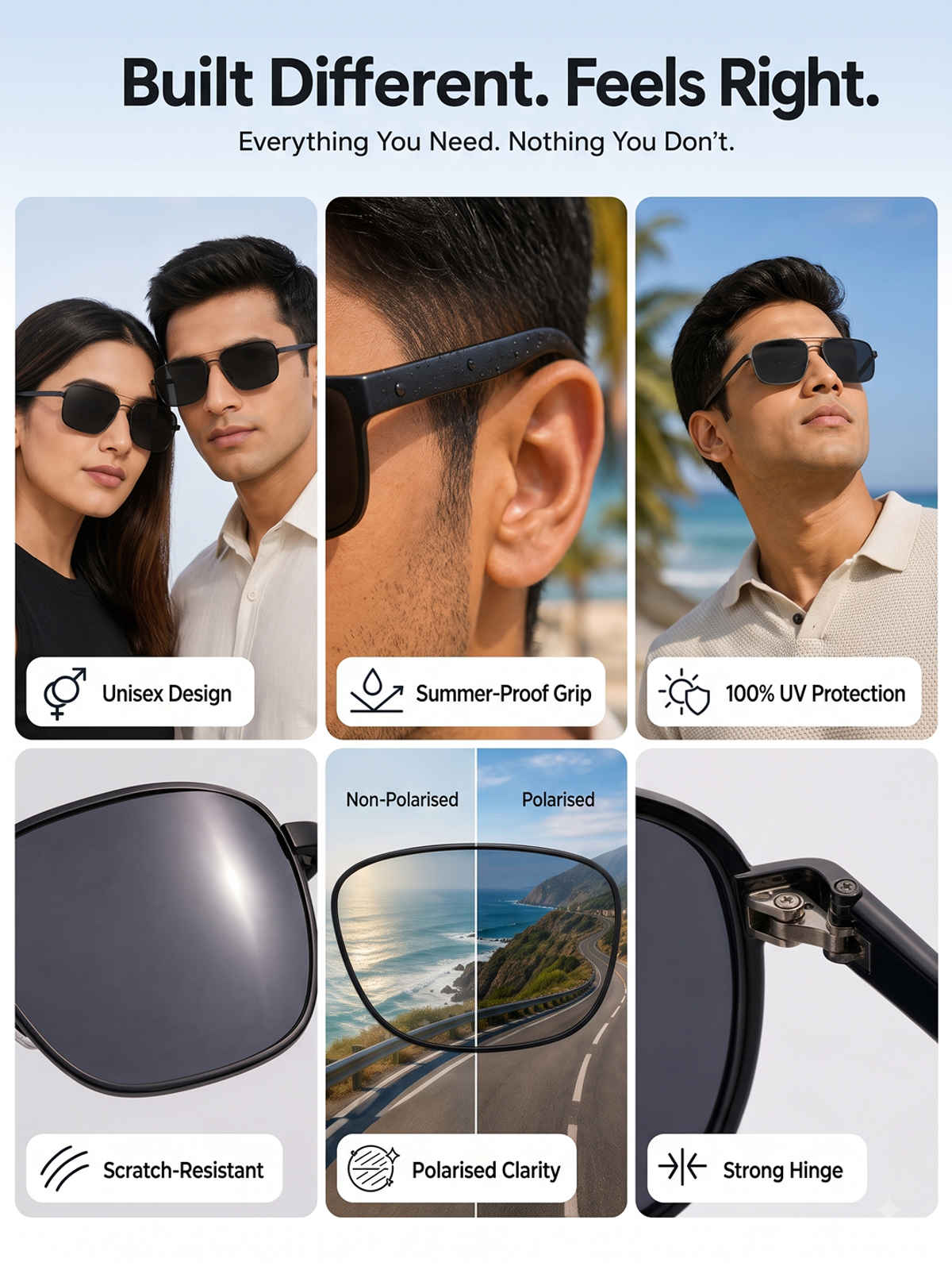 Vincent Chase By Lenskart Unisex Solid Plastic Square Sunglasses | Black and Grey - L