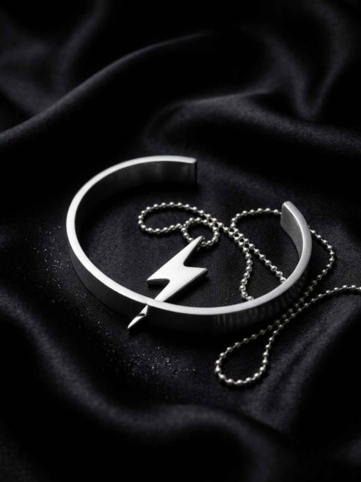 NVR Men's Silver Stainless Steel Cuff Bracelet & Silver-Plated Flash Pendant with Chain Gift combo