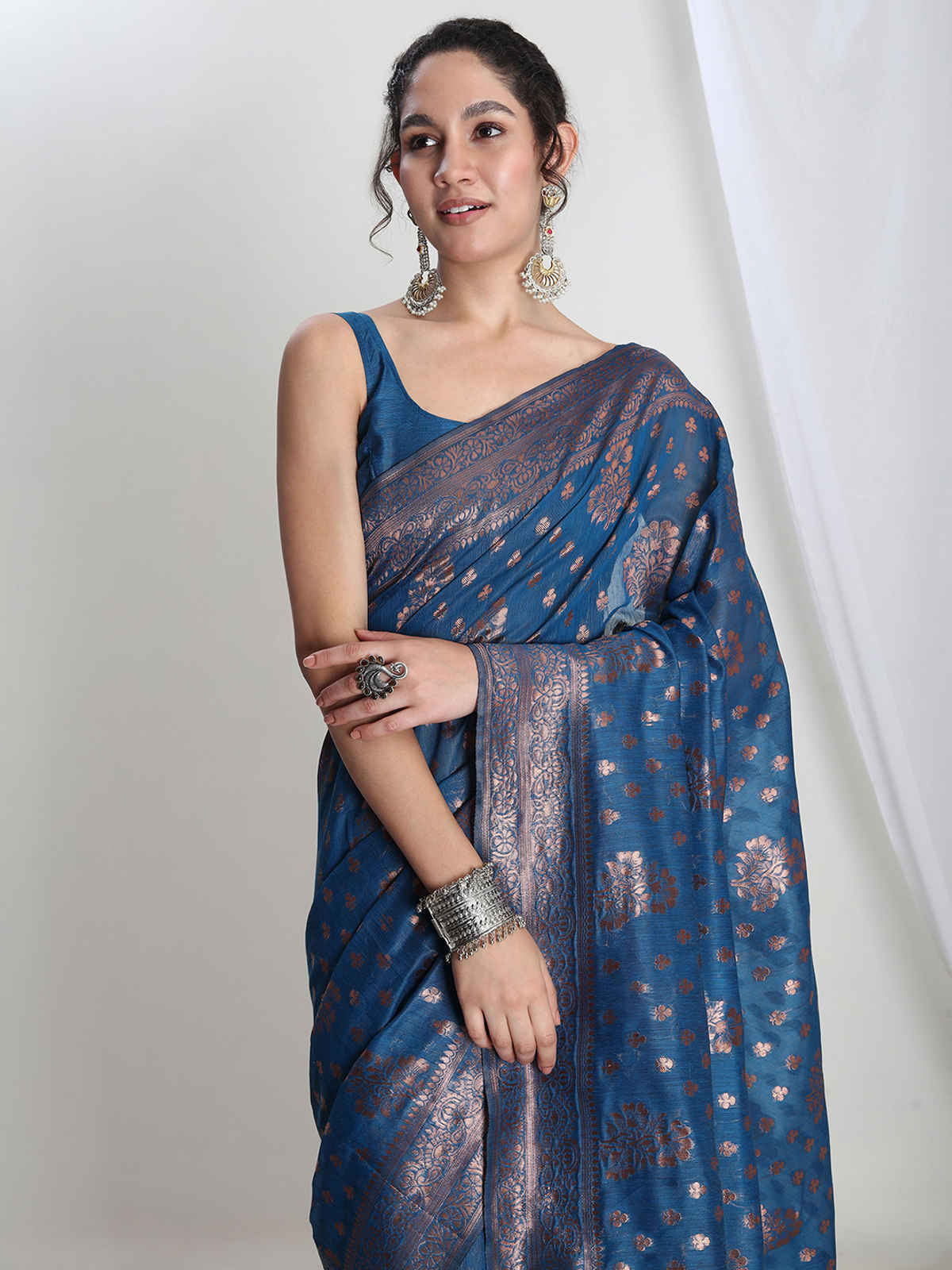 Janasya Women's Silk Blend Floral Design Jacquard Saree with Blouse Piece | SAR616 | Teal Blue