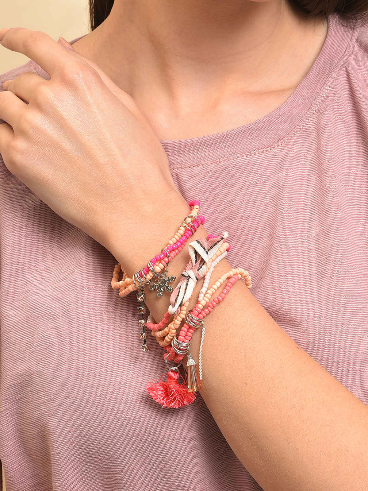 Sohi Women Pink Orange Pack Of 3 Charm Bracelet