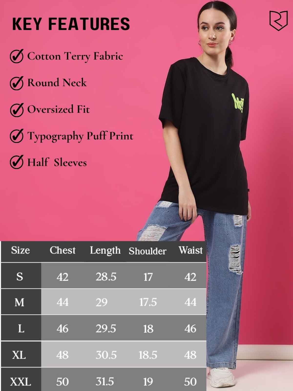 Rigo Women Terry Oversized Back Printed T-shirt | Black - M