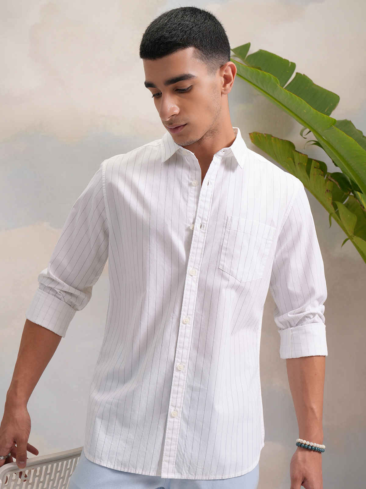 HIGHLANDER Classic Slim Fit Vertical Striped Spread Collar Cotton Casual Shirt | White & Black | L