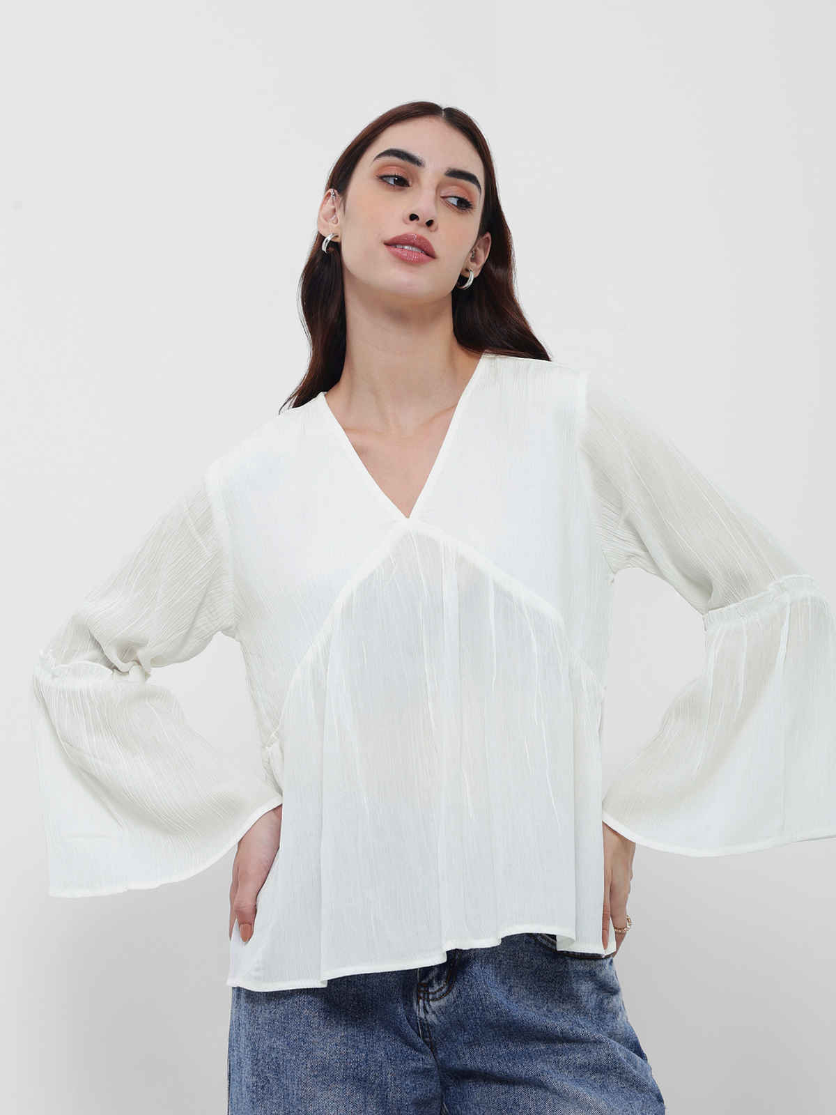 Styli Women's A-Line Top with V-Neck and Bell Sleeves | White - M