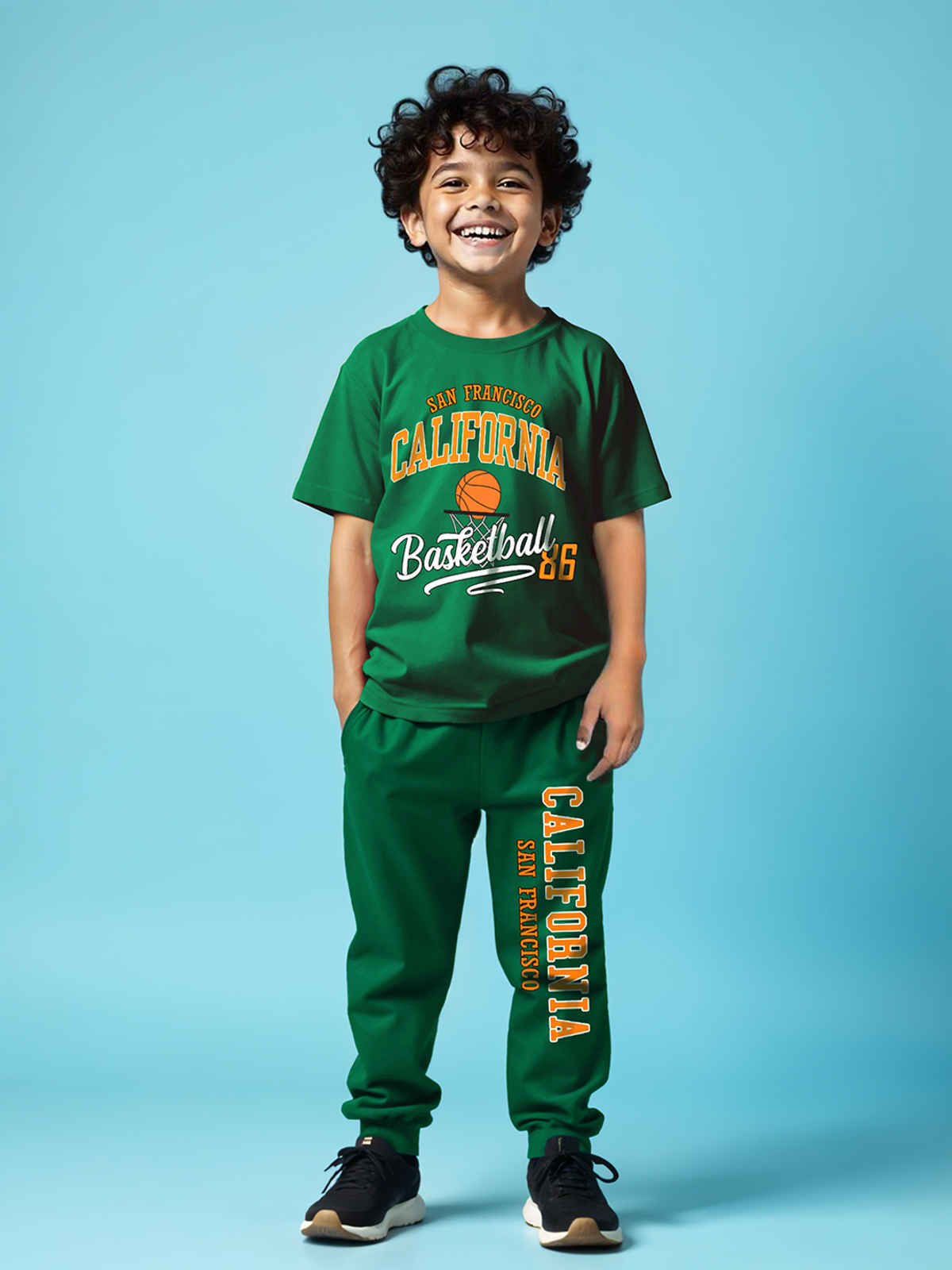 Trampoline Boys Half Sleeves Printed T-shirt & Track Pants Set | Green | 2-3 Years