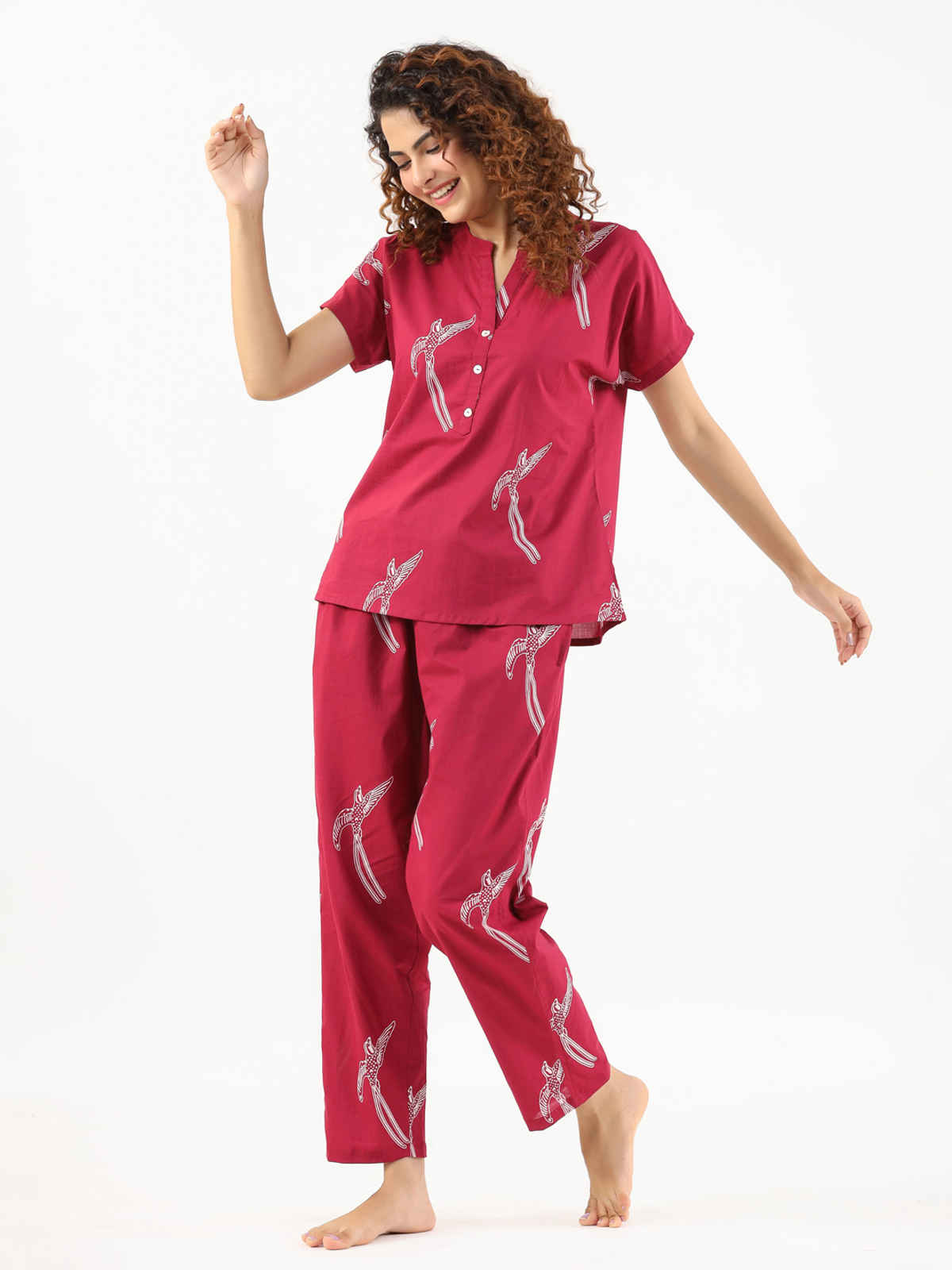 Sanskrutihomes Conversational Printed Mandarin Collar Pure Cotton Night Suit | Magenta - S