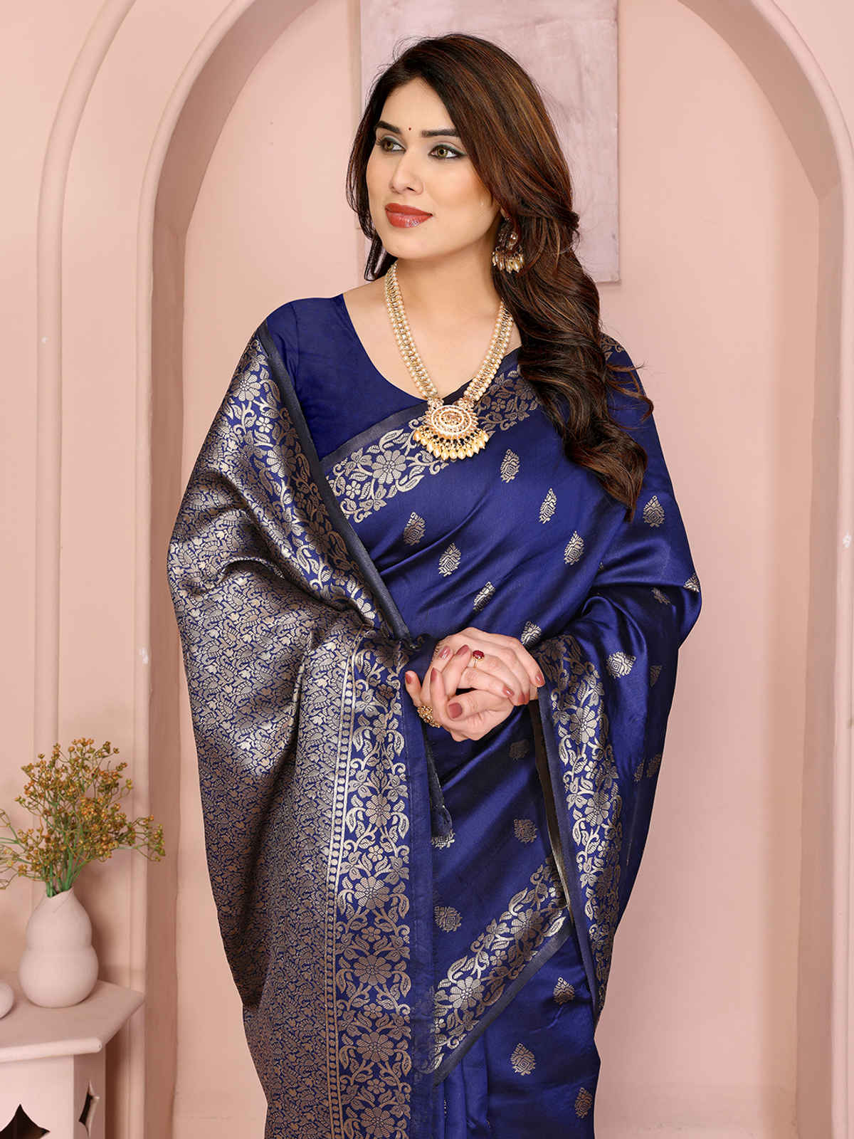 Hema Silk Mills Women Woven Banarasi Silk Blend Saree | Royal Blue
