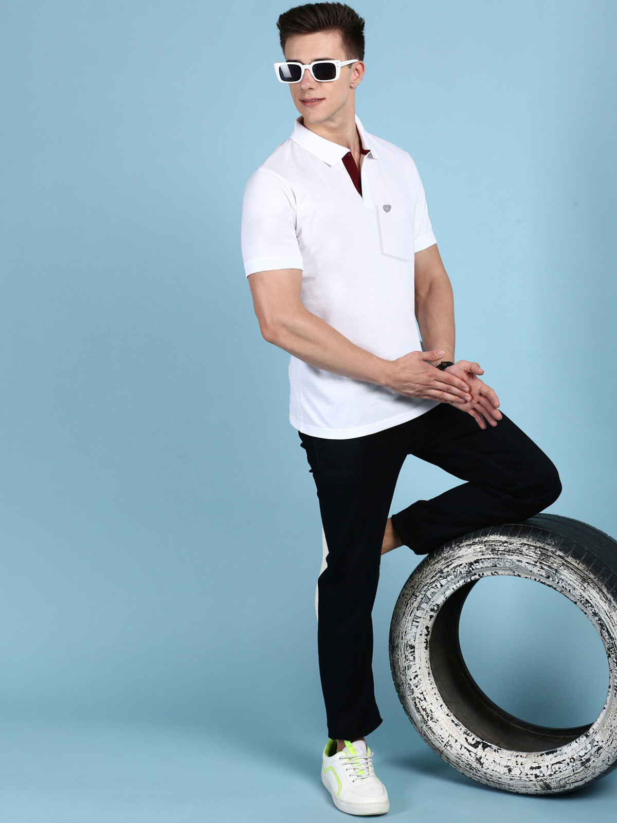 Lux Cozi Men's Solid Cotton Polo T-shirt with Pocket | White - S