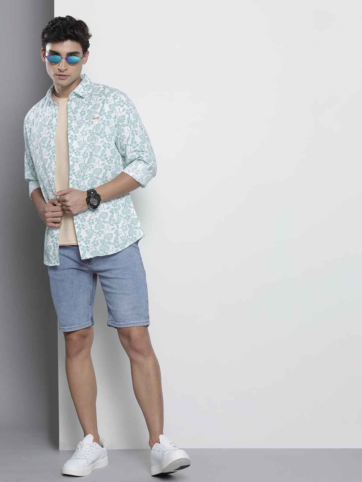 The Indian Garage Co Men | Slim Fit Solid Casual Denim Shorts | Light Blue | 32