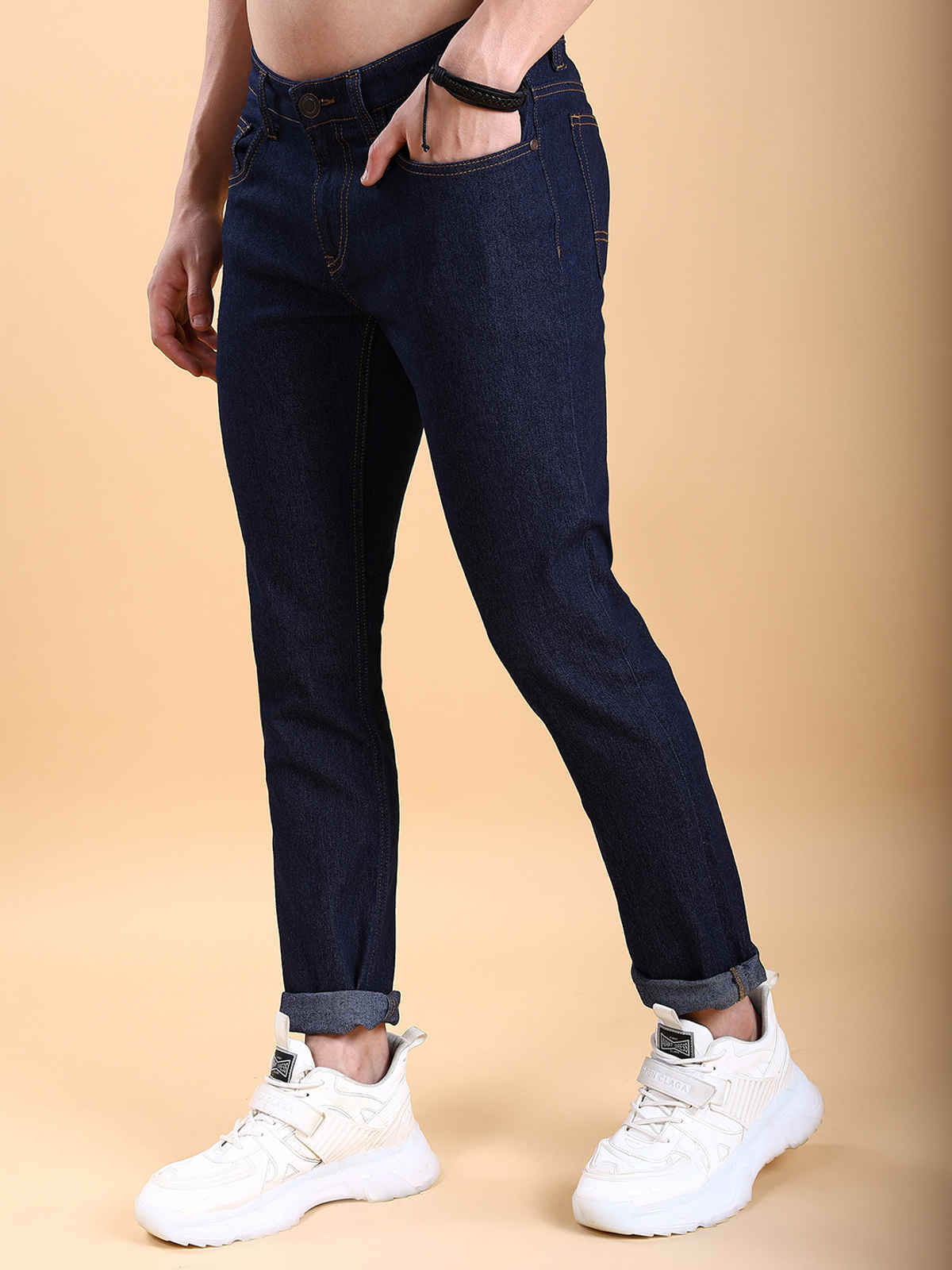 Highlander Men's Straight Fit Mid-Rise Clean Look Stretchable Jeans | Indigo - 30