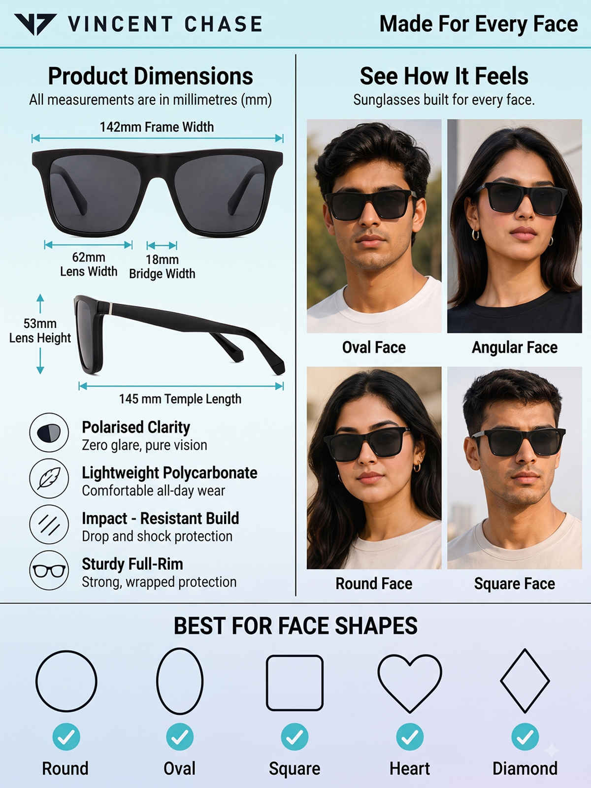 Black Full Rim Square Vincent Chase Style Cast PC VC S13971-C1 Polarized Sunglasses