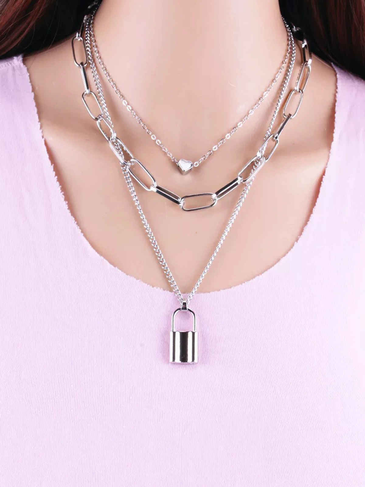 Yellow Chimes Silver-Plated Multi Layered Key Chain Heart Charm Necklace