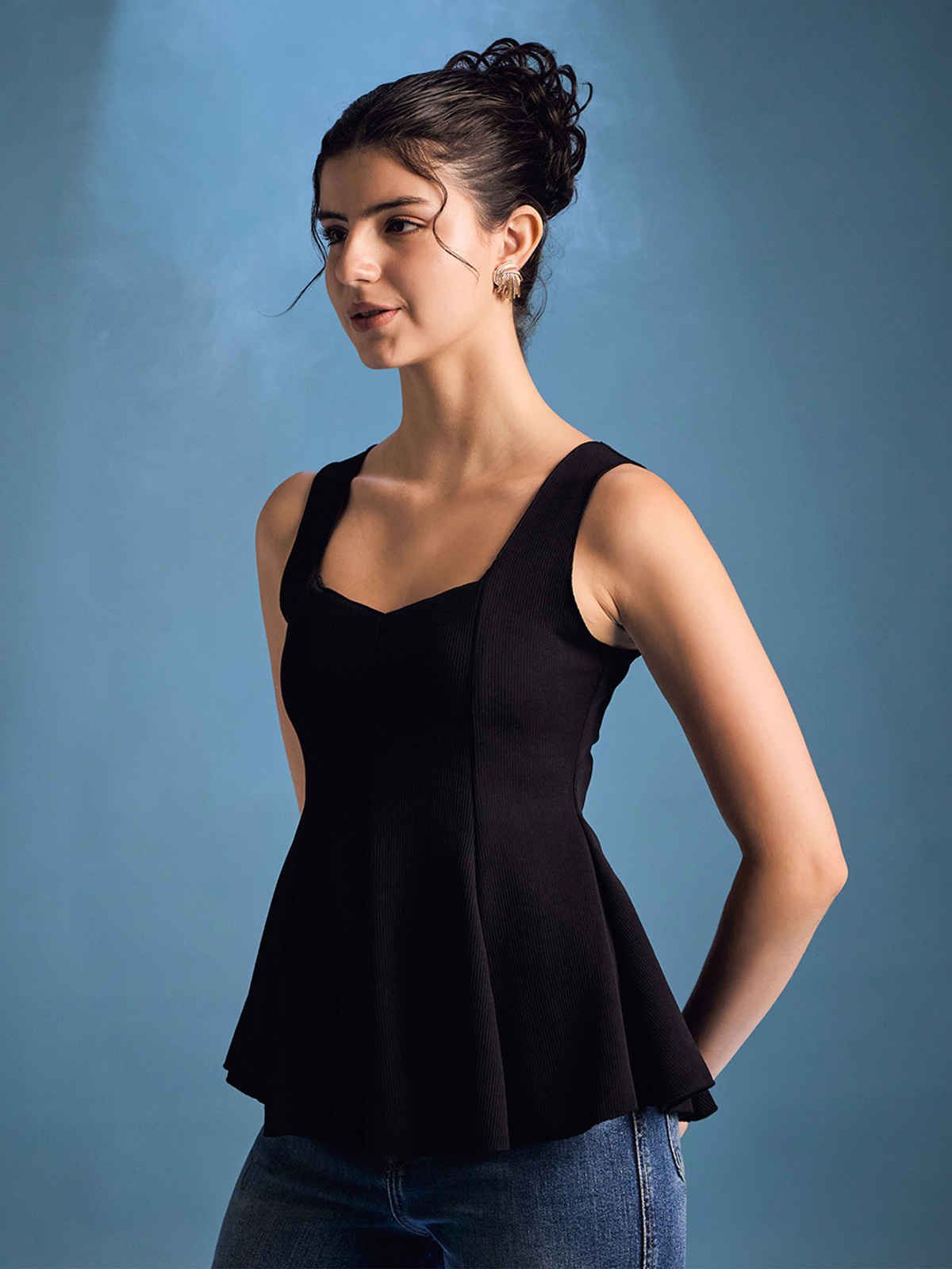 Uptownie Women's Stretchable Ribbed Peplum Top | Black - S