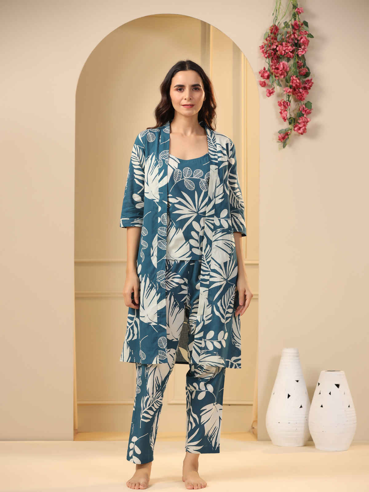 Sanskrutihomes Teal 3 Pieces Floral Printed Pure Cotton Night Suit | Teal - S