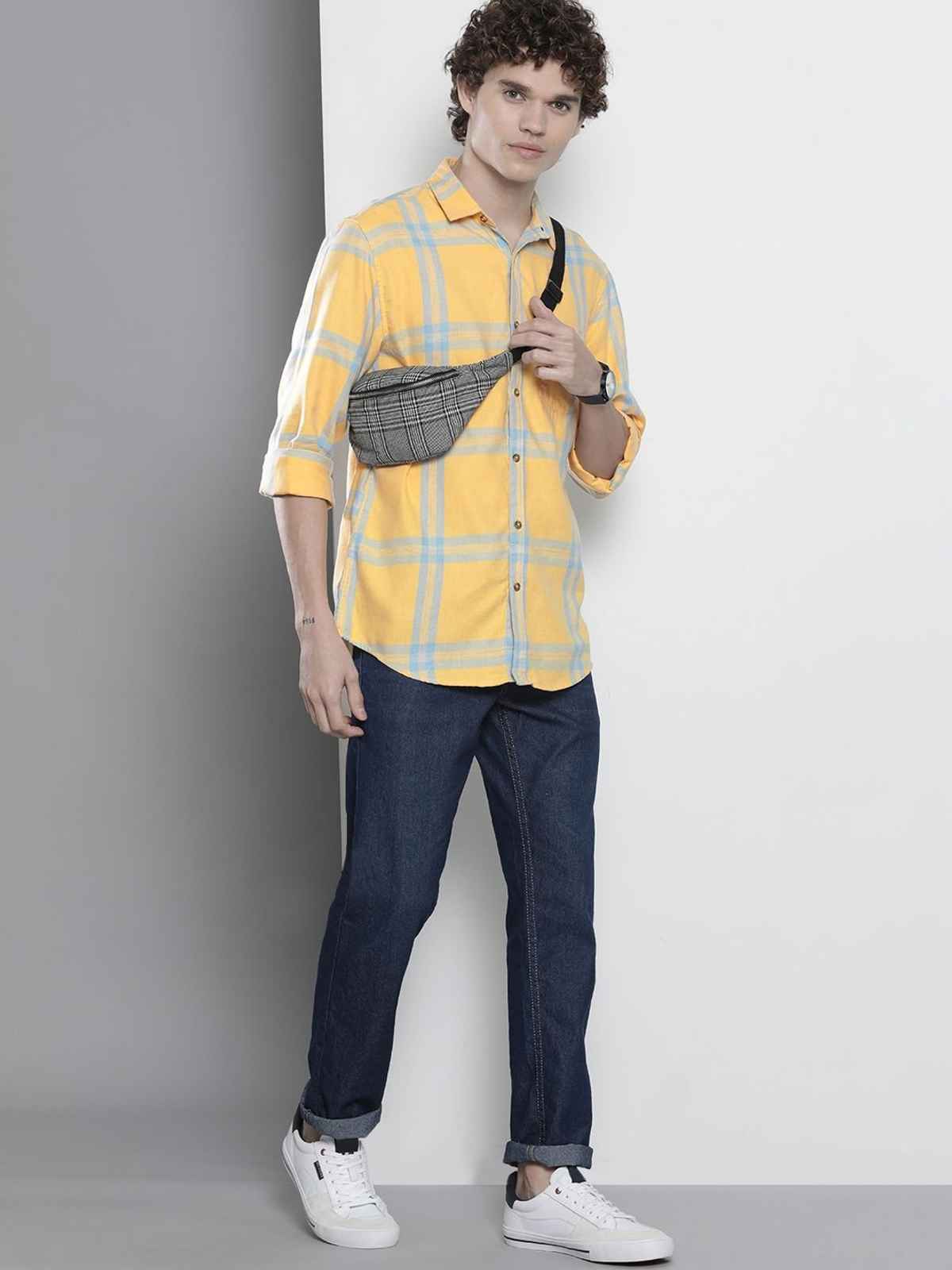 The Indian Garage Co Men's Regular Fit Checked Casual Shirt | Yellow - XL