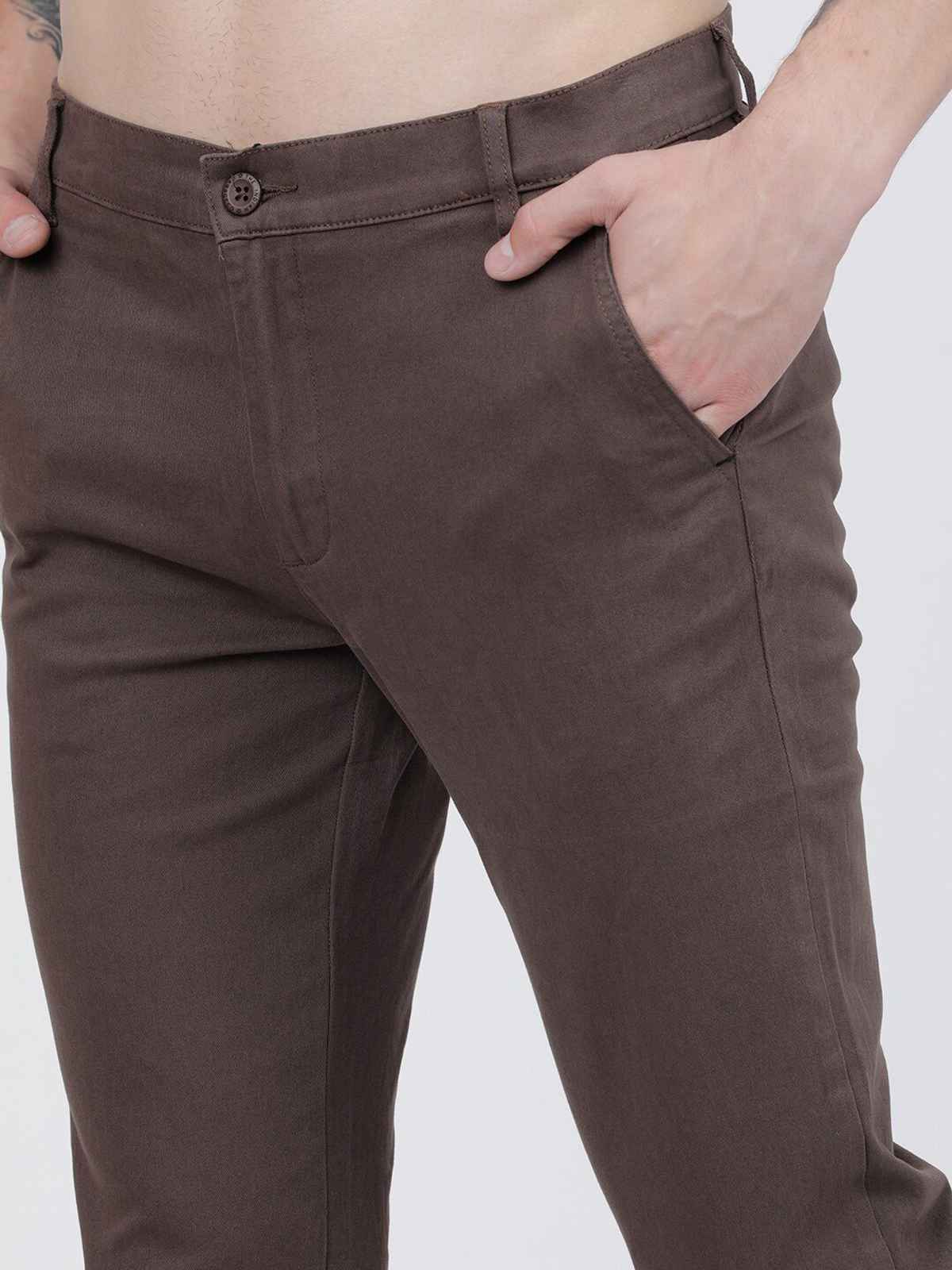 The Indian Garage Co Men's Slim Fit Solid Casual Chinos | Brown - 34