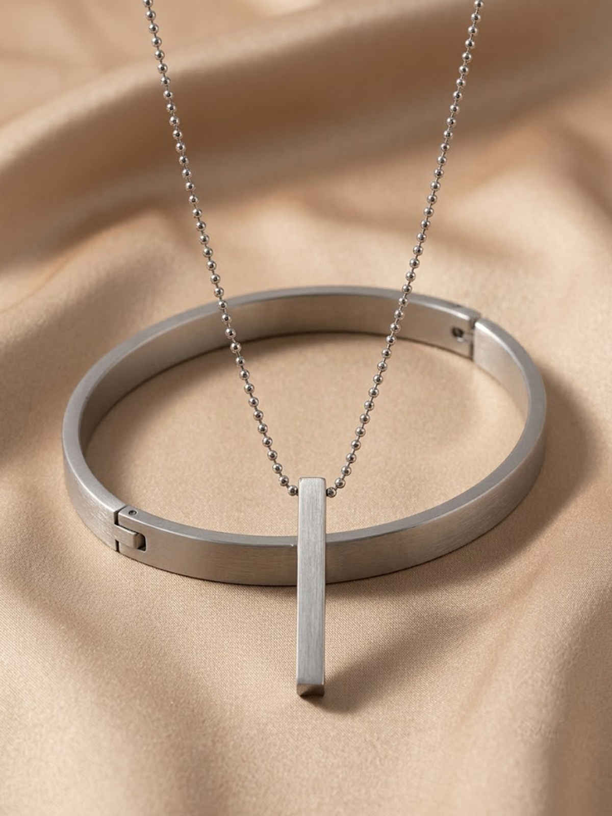NVR Men's Silver Plated Kada Bracelet And Chain With Pendant Boho Chic Gift Combo