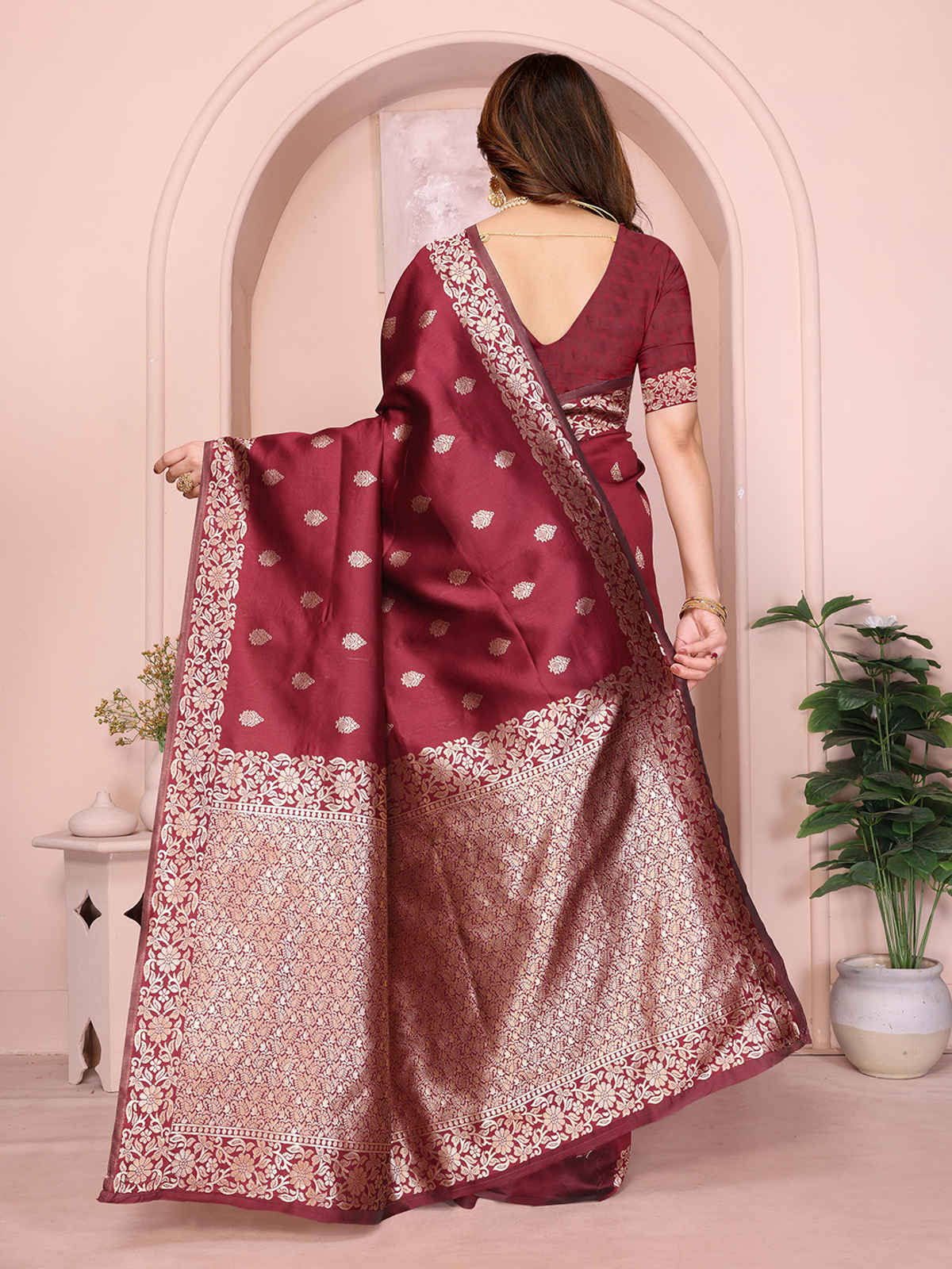 Hema Silk Mills Women Woven Banarasi Silk Blend Saree | Maroon