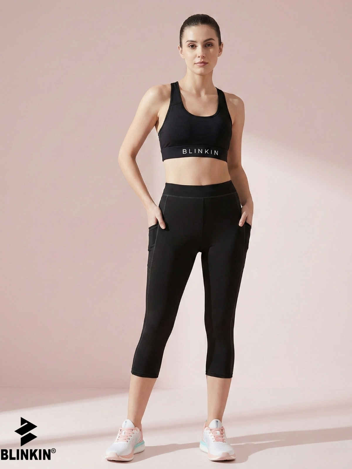 Blinkin Women's 3/4 Gym Tights - Black | Grey | With Side Pockets | M