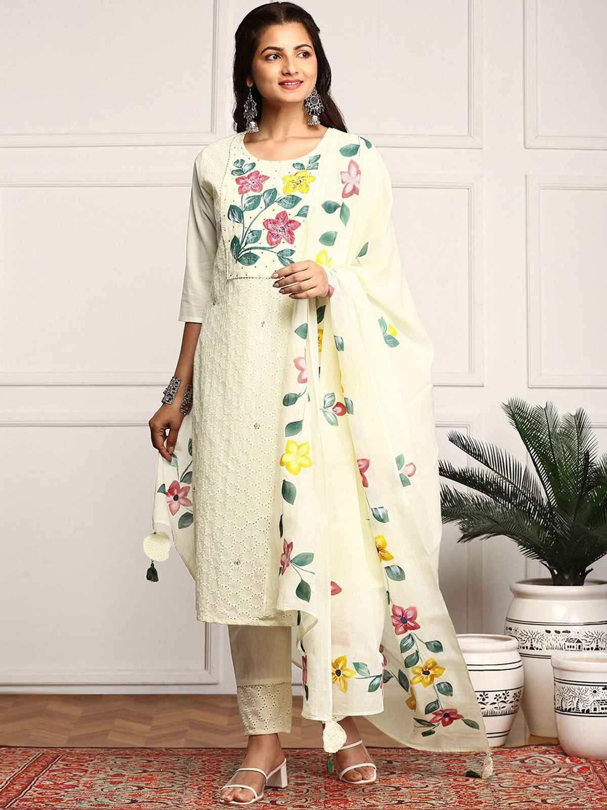Ishin Women's Kurta Set Cotton with Dupatta | Off White - XL