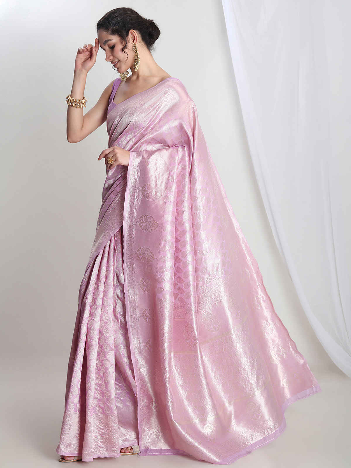 Janasya Women's Silk Blend Leaf Motifs Saree with Blouse Piece | SAR646 | Lavender