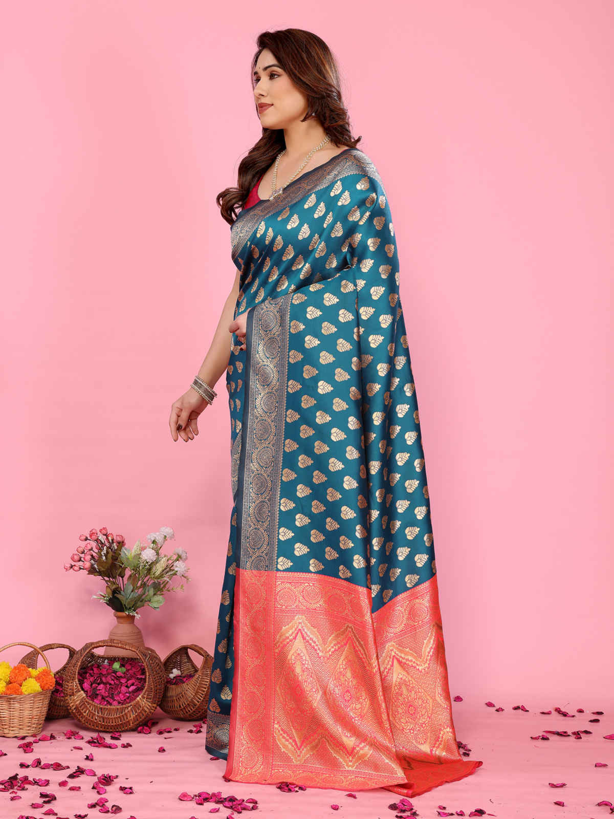 Hema Silk Mills Women Woven Banarasi Silk Blend Saree | Red