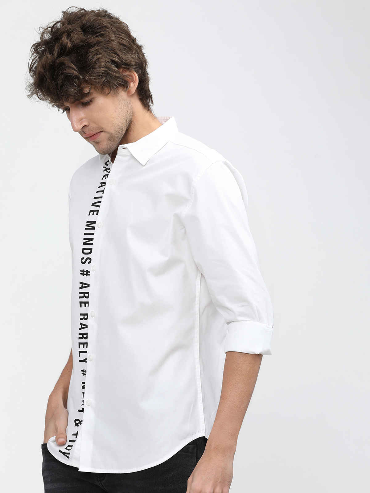 HIGHLANDER Men's Slim Fit Printed Casual Shirt | White - M