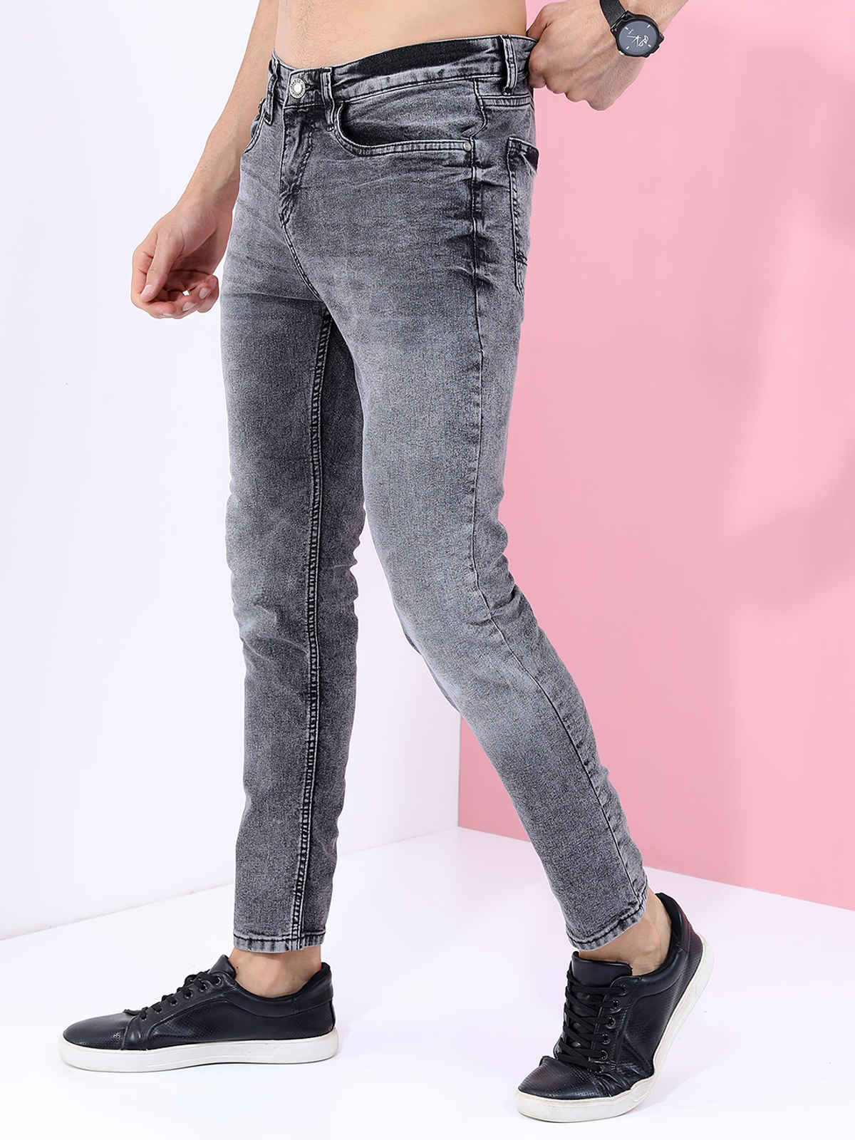 Highlander Men's Tapered Fit Heavy Fade Stretchable Jeans | Grey - 34