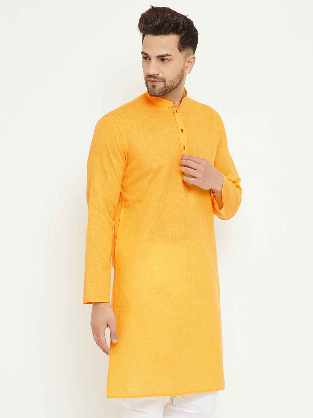 Vastramay Men's Cotton Blend Traditional Kurta | Yellow | L