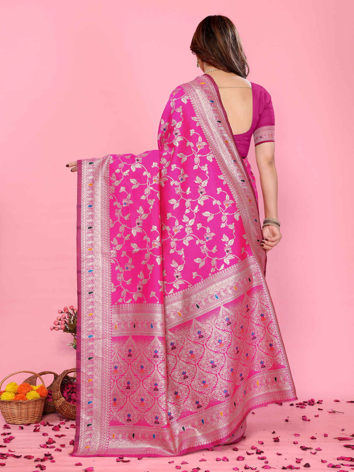 Hema Silk Mills Women Woven Banarasi Meena Jacquard, Silk Blend Saree | Pink