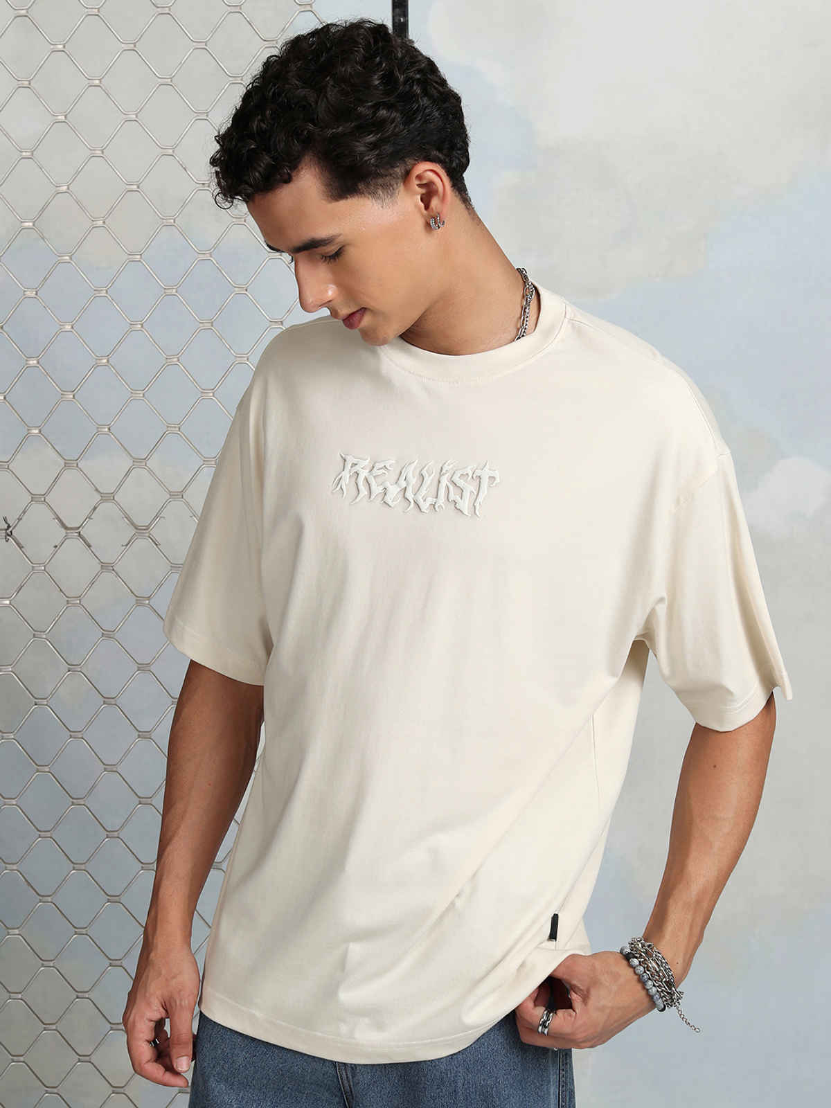 Highlander Men's Puff Printed Cream Round Neck Half Sleeve Oversized T Shirt |Cream |L