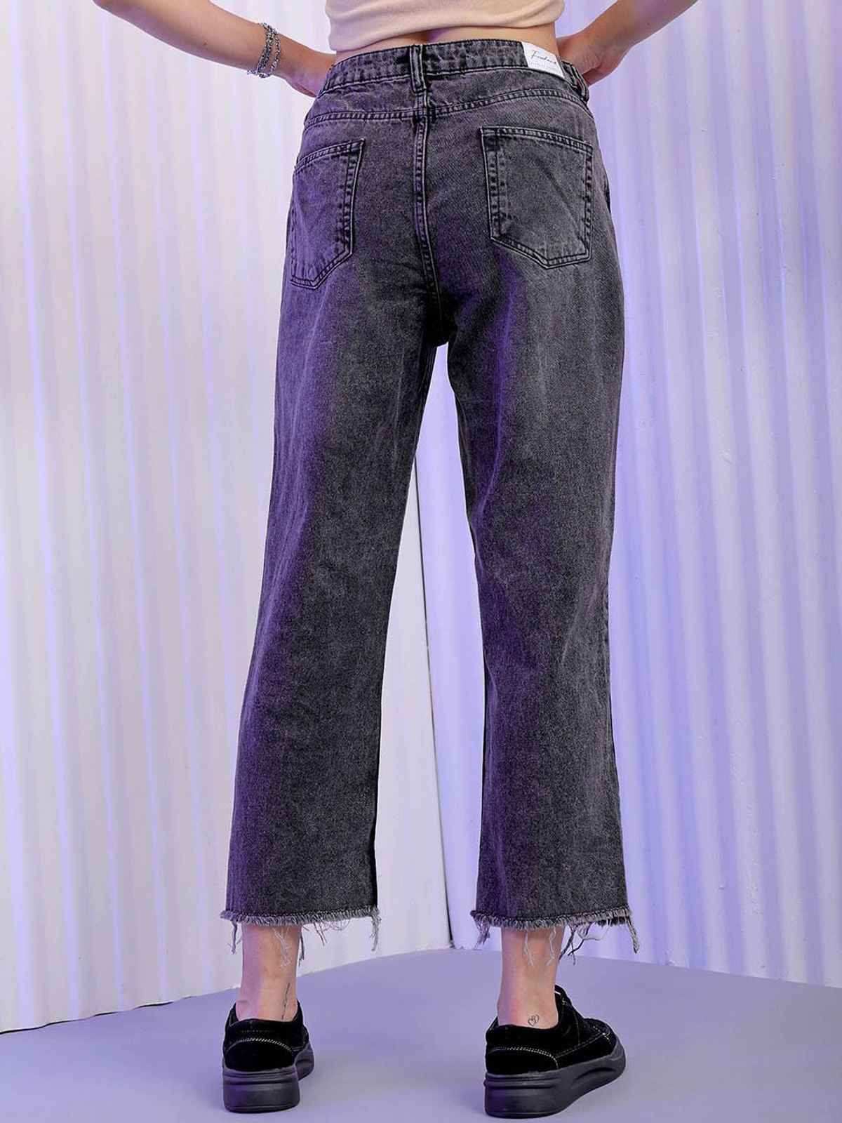 Freehand Women's High Waist Distressed Straight Fit Torn Denim Jeans | Grey - 34