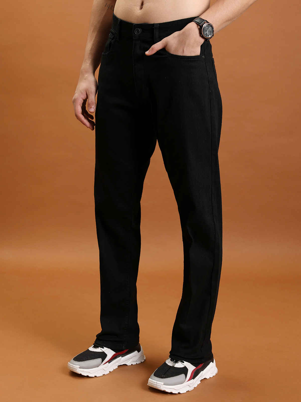 Highlander Men's Straight Fit Clean Look Stretchable Jeans | Black - 32