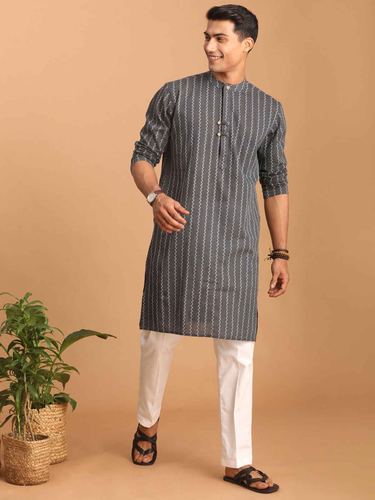 Vastramay Men's Traditional Cotton Kurta | Grey | L