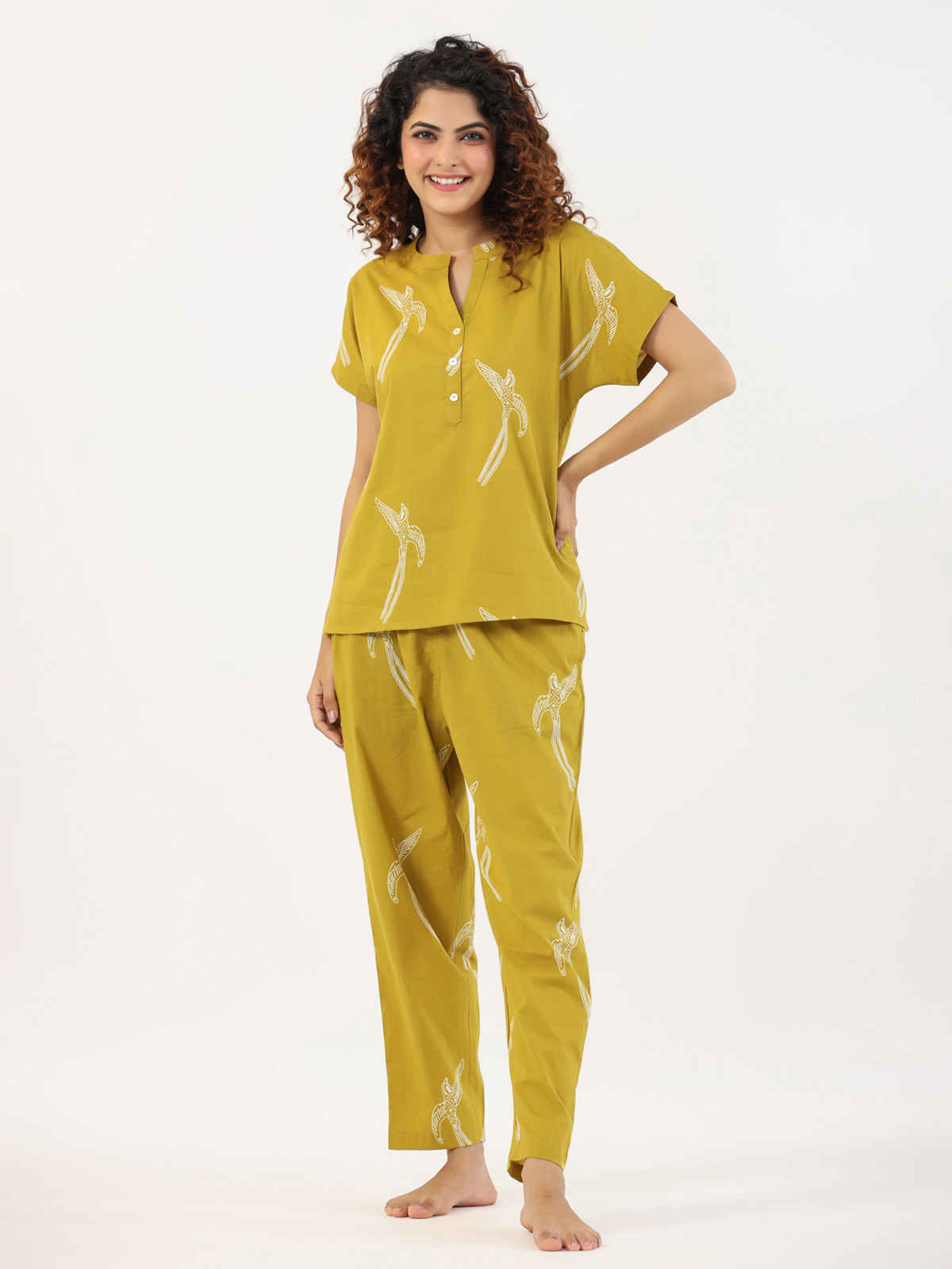 Sanskrutihomes Graphic Printed Pure Cotton Night Suit | Yellow - S