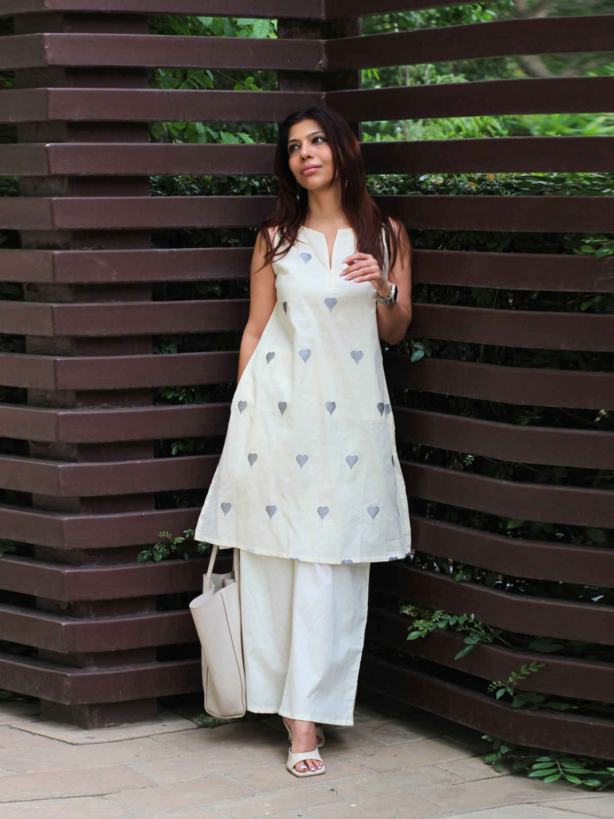 GoSriKi Women's Cotton Blend Straight Embroidery Kurta with Palazzo | Rushali White | S