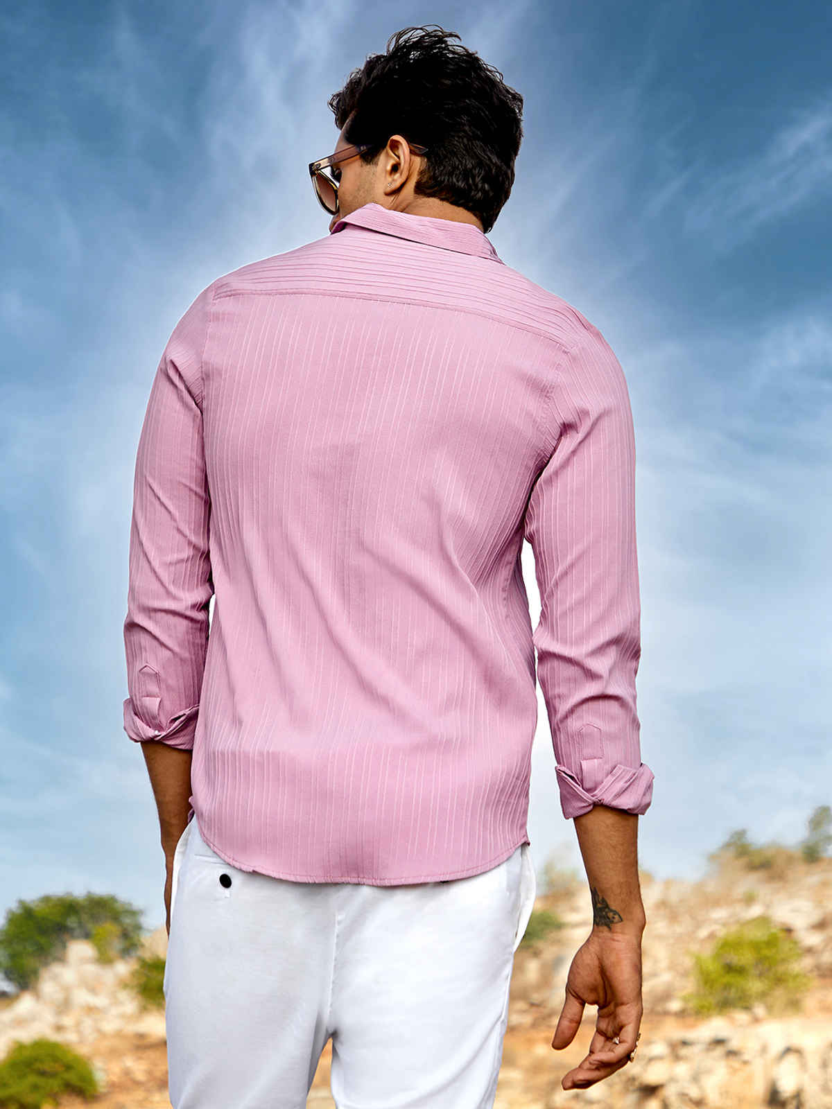 Campus Sutra Men's Self-Design Striped Shirt | Salmon Pink - L