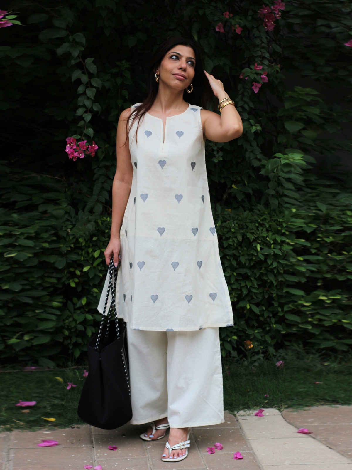 GoSriKi Women's Cotton Blend Straight Embroidery Kurta with Palazzo | Rushali White | S