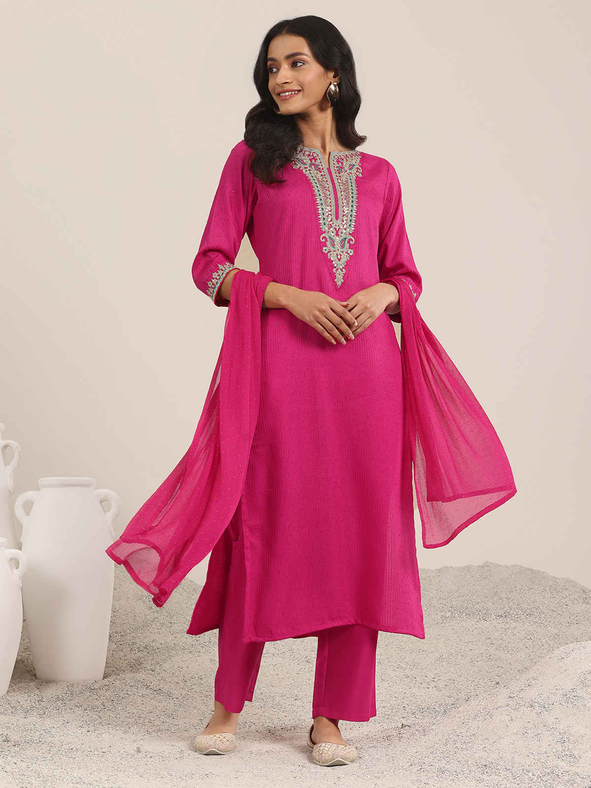 Gerua By Libas Yoke Deisgn Silk Blend Straight Suit With Dupatta | GS1073C | Pink - XL