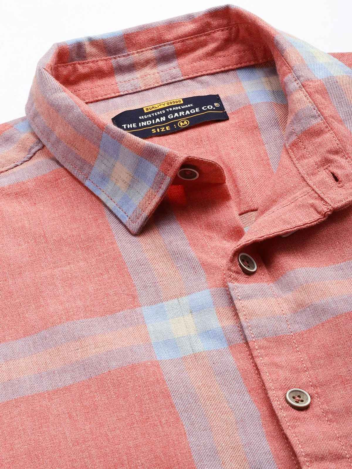 The Indian Garage Co Men's Regular Fit Checked Casual Shirt | Coral - XL