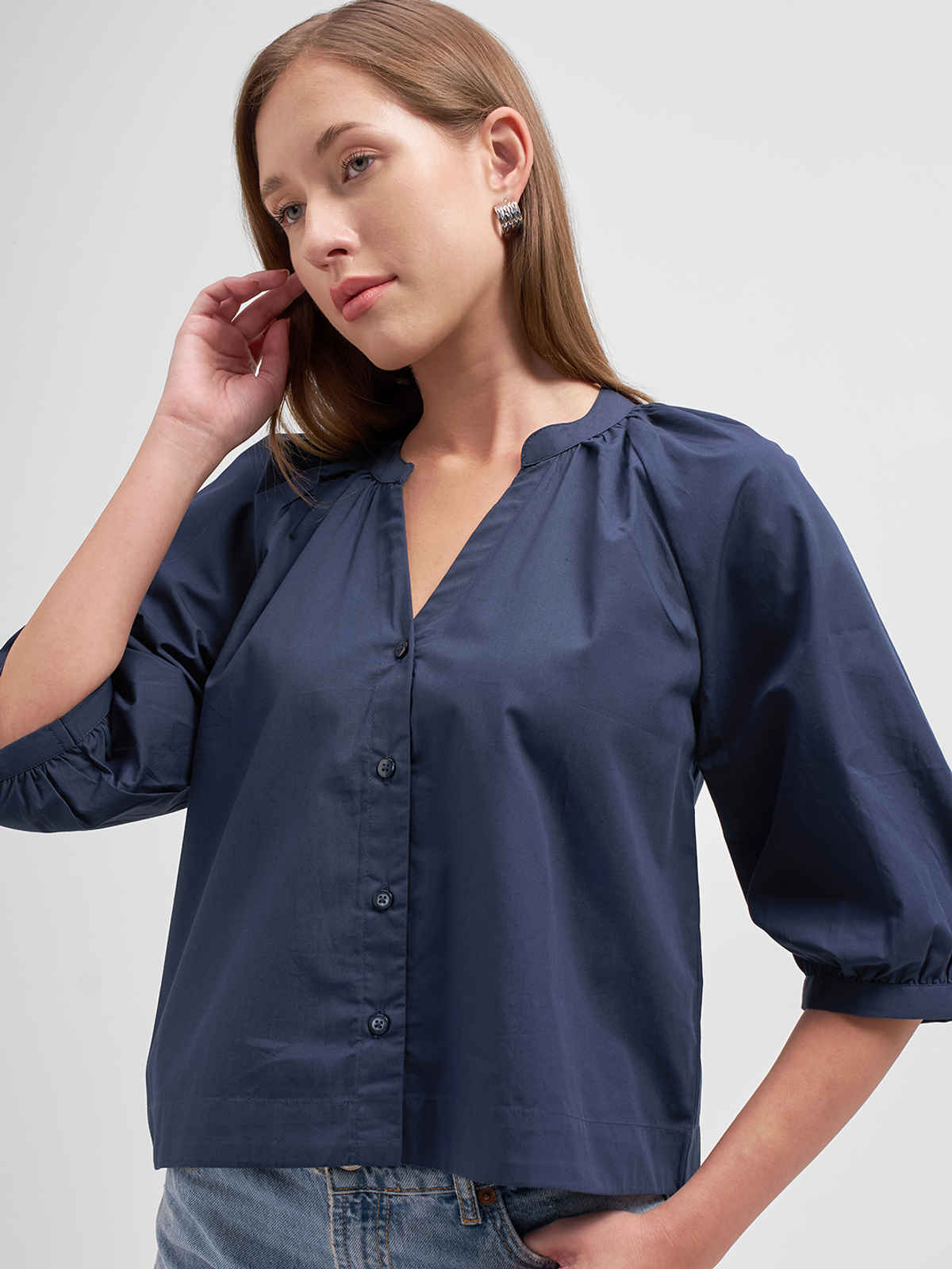 Tokyo Talkies Women Manderin Collar 3/4Th Sleeve V Neck Front Placket Blouse | NAVY | S