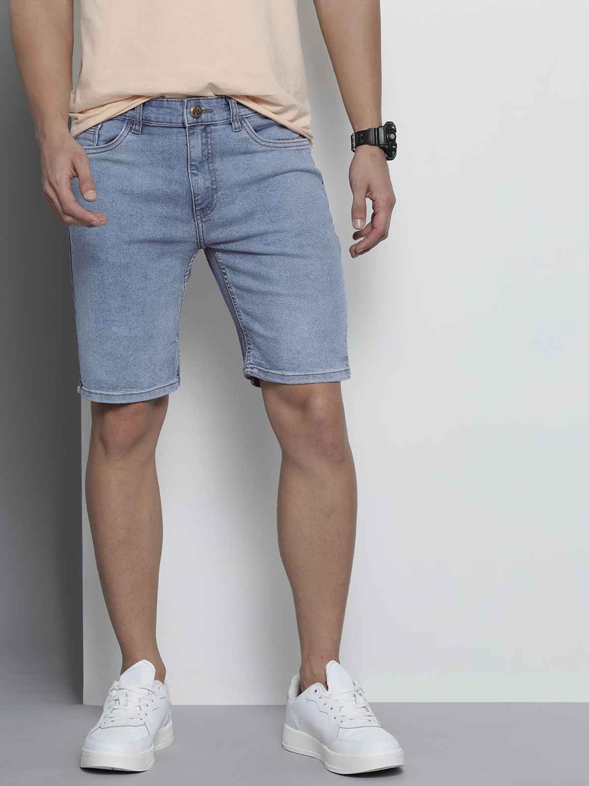 The Indian Garage Co Men | Slim Fit Solid Casual Denim Shorts | Light Blue | 32