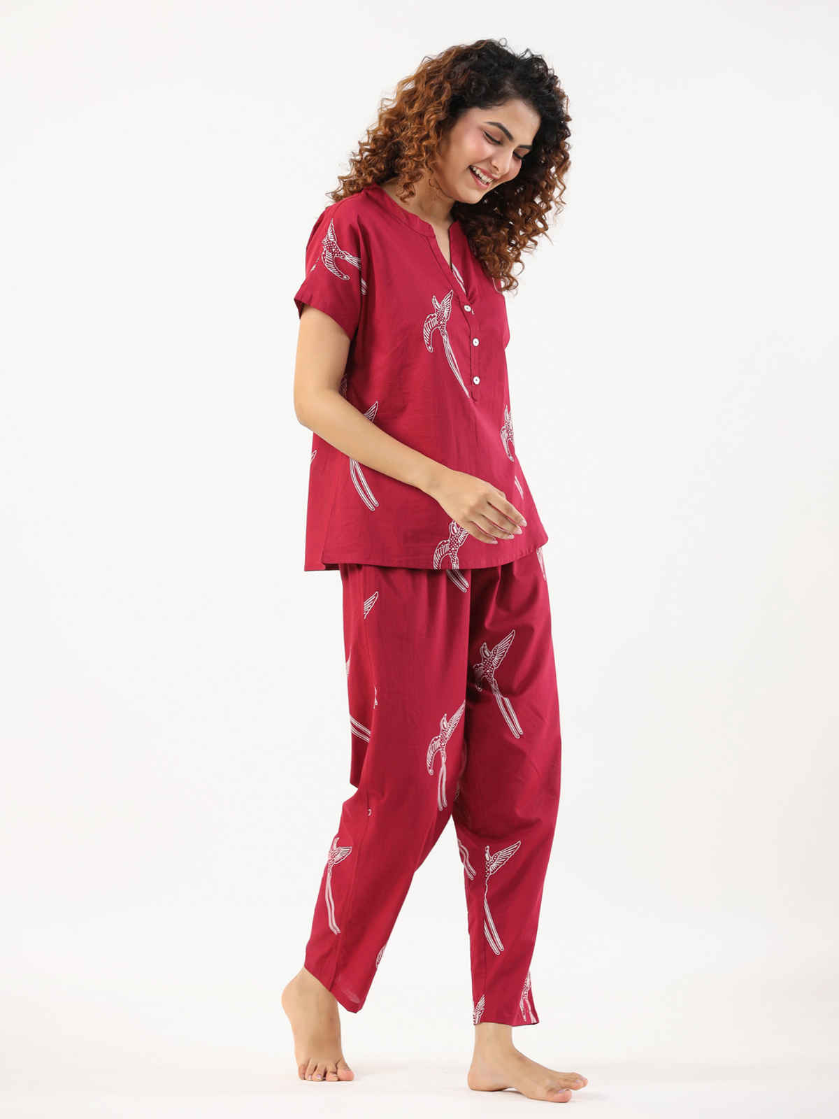 Sanskrutihomes Conversational Printed Mandarin Collar Pure Cotton Night Suit | Magenta - S