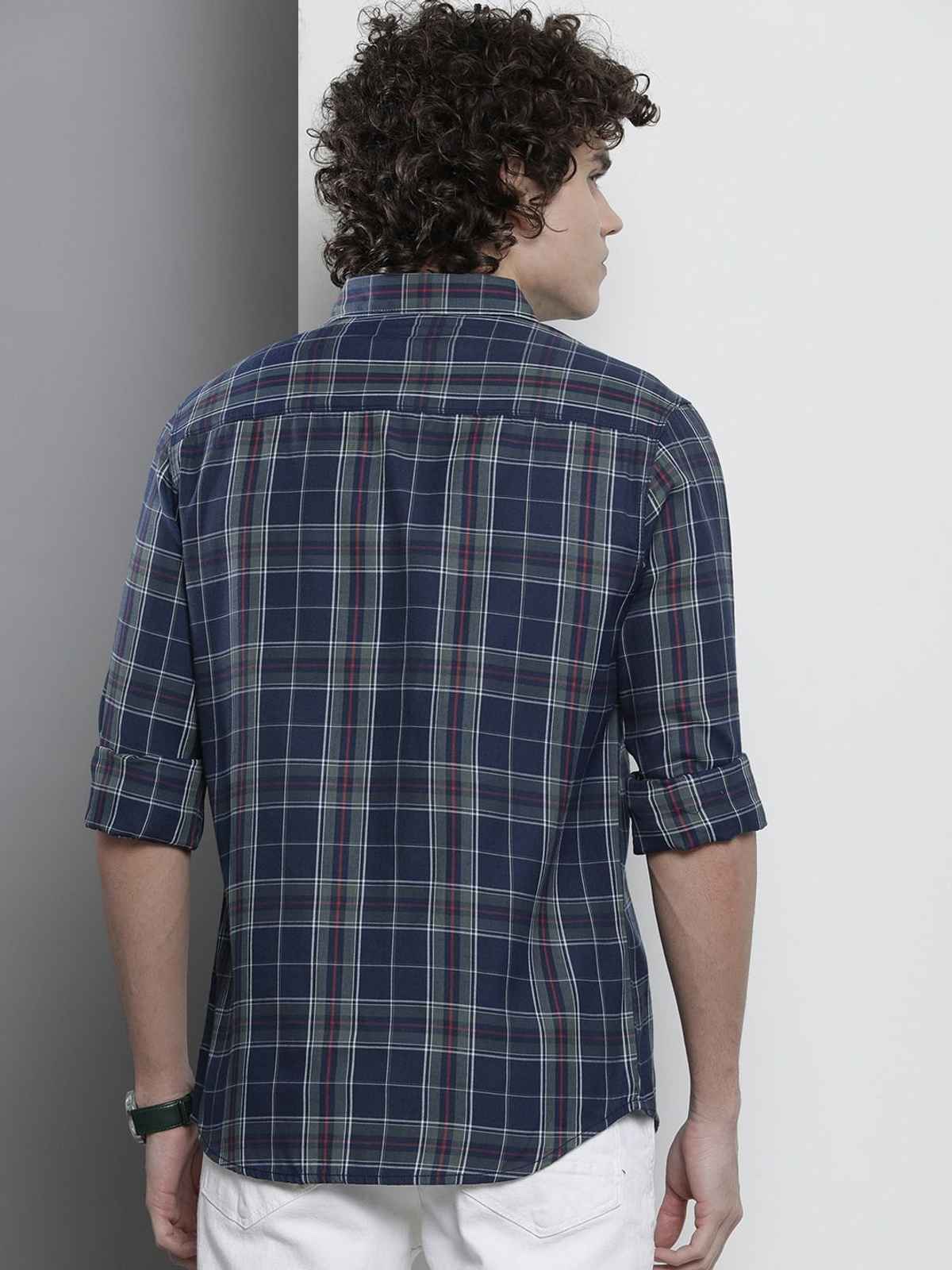 The Indian Garage Co Men's Regular Fit Checkered Casual Shirt | Navy - 2XL
