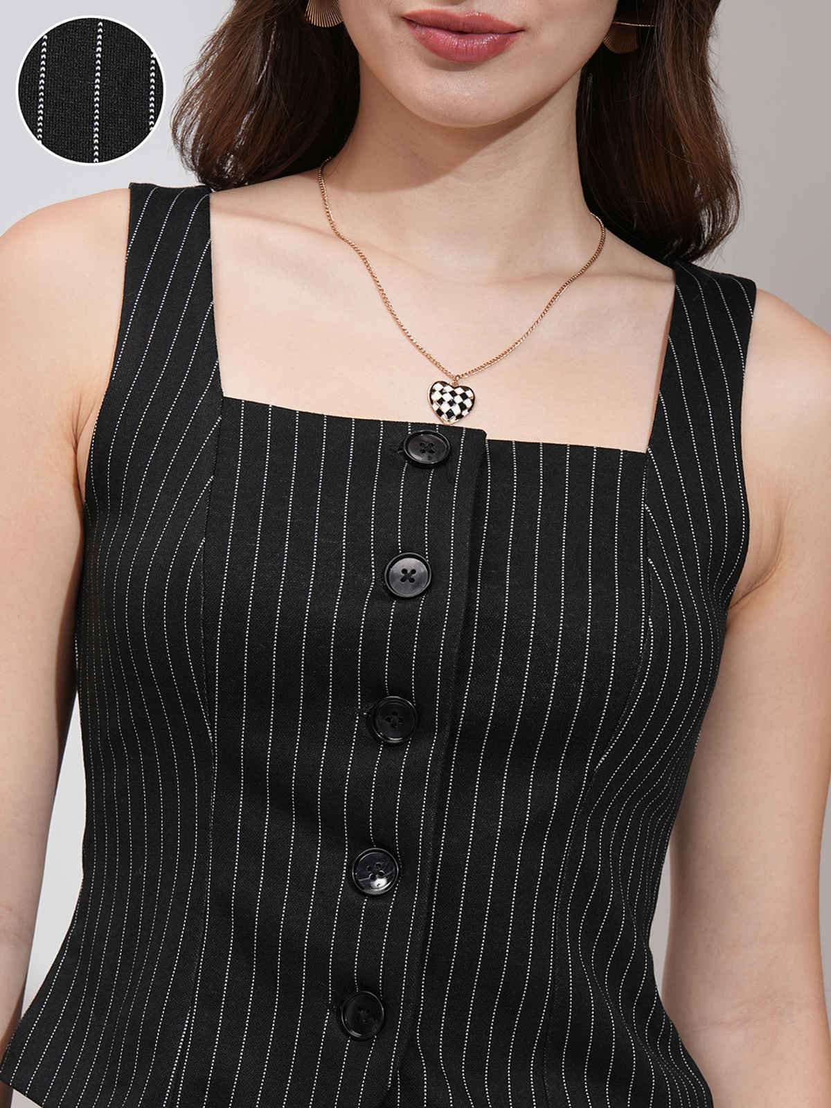 Tokyo Talkies Women's Pinstriped Vest & Midi Column Skirt Set | Black - M