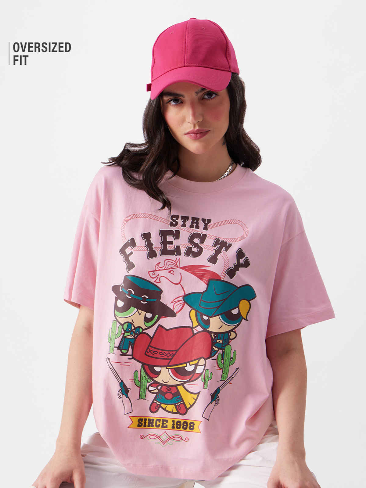 The Souled Store Women's Powerpuff Girls Stay Fiesty Oversized T-shirt | Pink - L