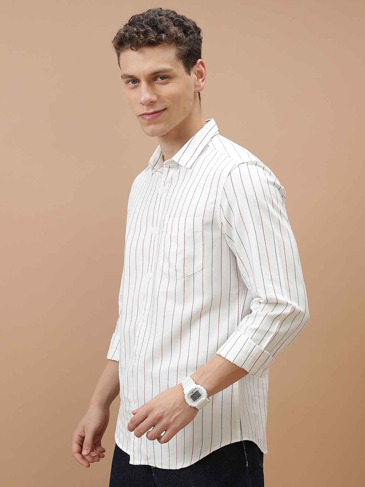 HIGHLANDER Men's Striped Slim Fit Opaque Cotton Casual Shirt | White, Blue and Red - S