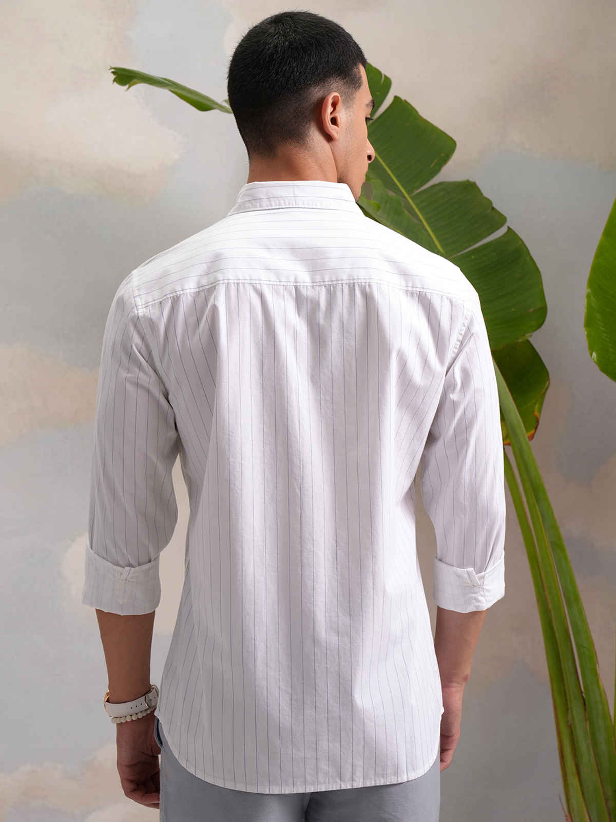 Highlander Men's Classic Slim Fit Vertical Striped Spread Collar Cotton Shirt | White & Indigo - XL