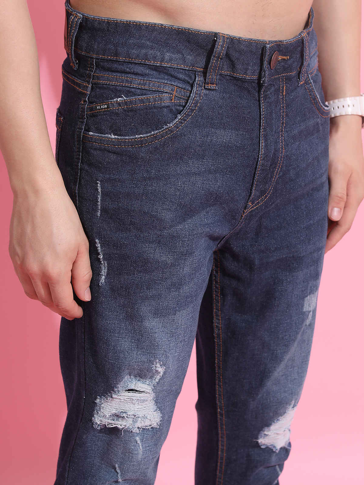 Highlander Men's Mid-Rise Super Skinny Fit Mildly Distressed Stretchable Cropped Jeans | Blue - 32