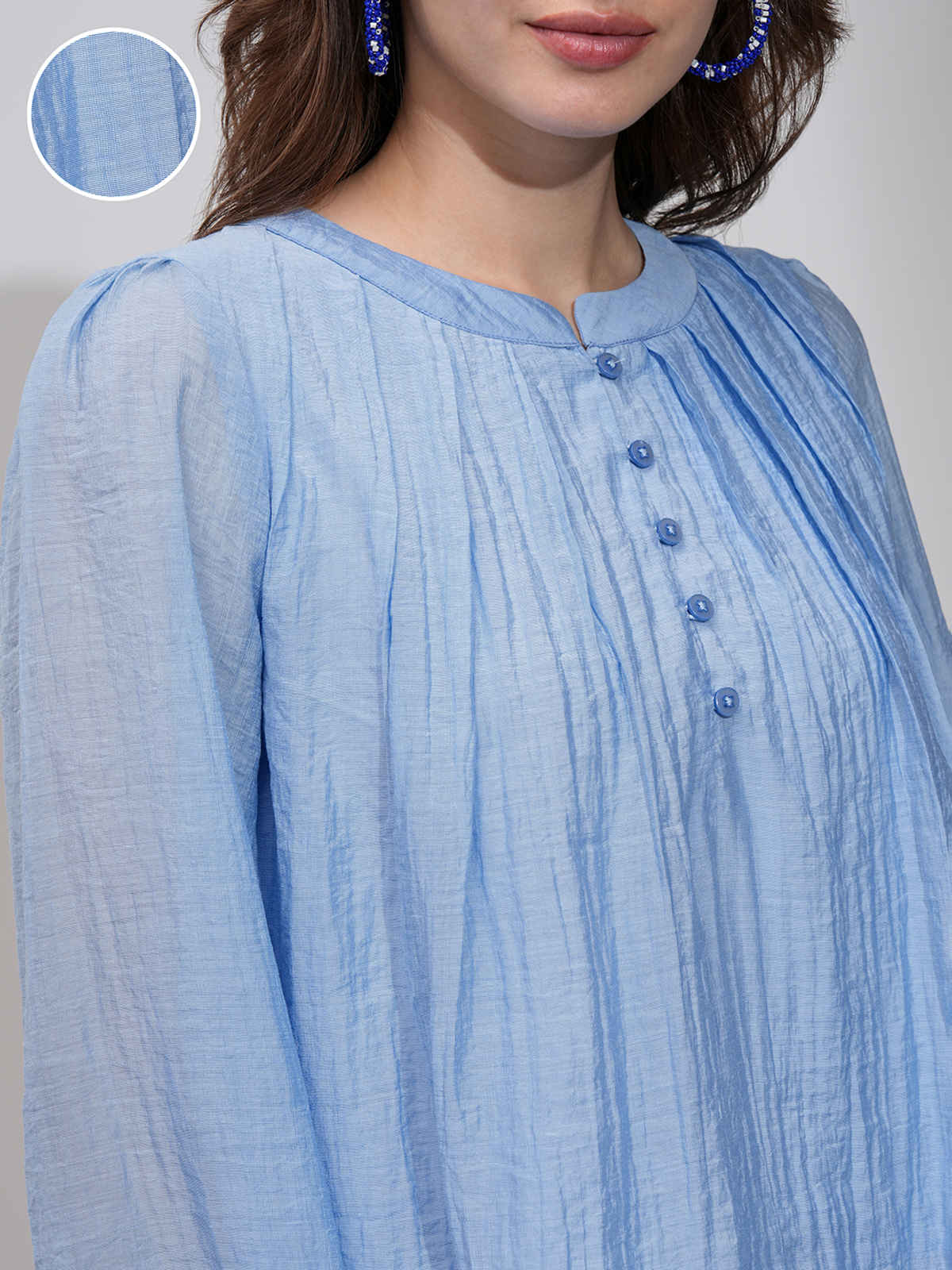 Tokyo Talkies Women's Solid Bishop Sleeve Pleated Top | Blue - S